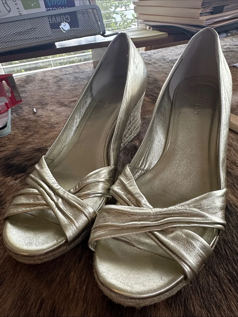 Cole Haan Women's Metallic Gold Crisscross Peep-Toe y 2.5” Wedge Heels, 11B NWOT